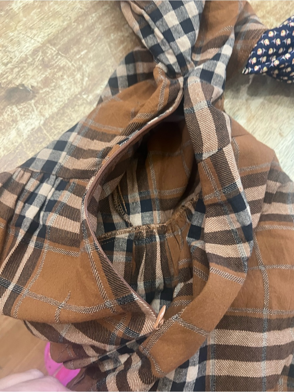 Plaid V-Neck Babydoll Mini Dress in Tan - Picture 7 of 7